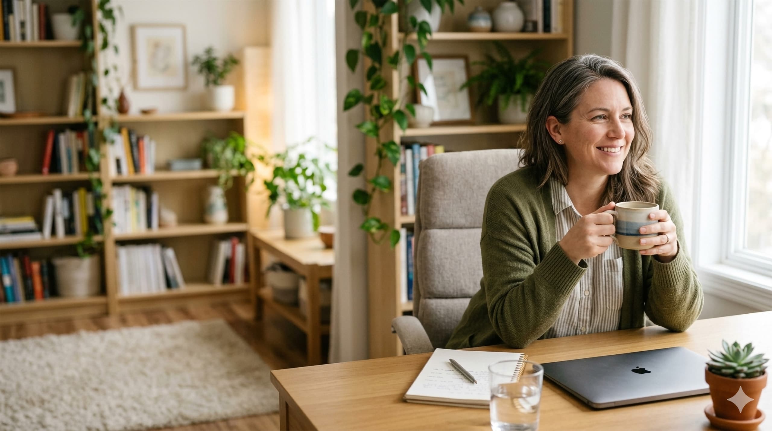 A relaxed business owner leaning back at her desk with a coffee, looking out the window.